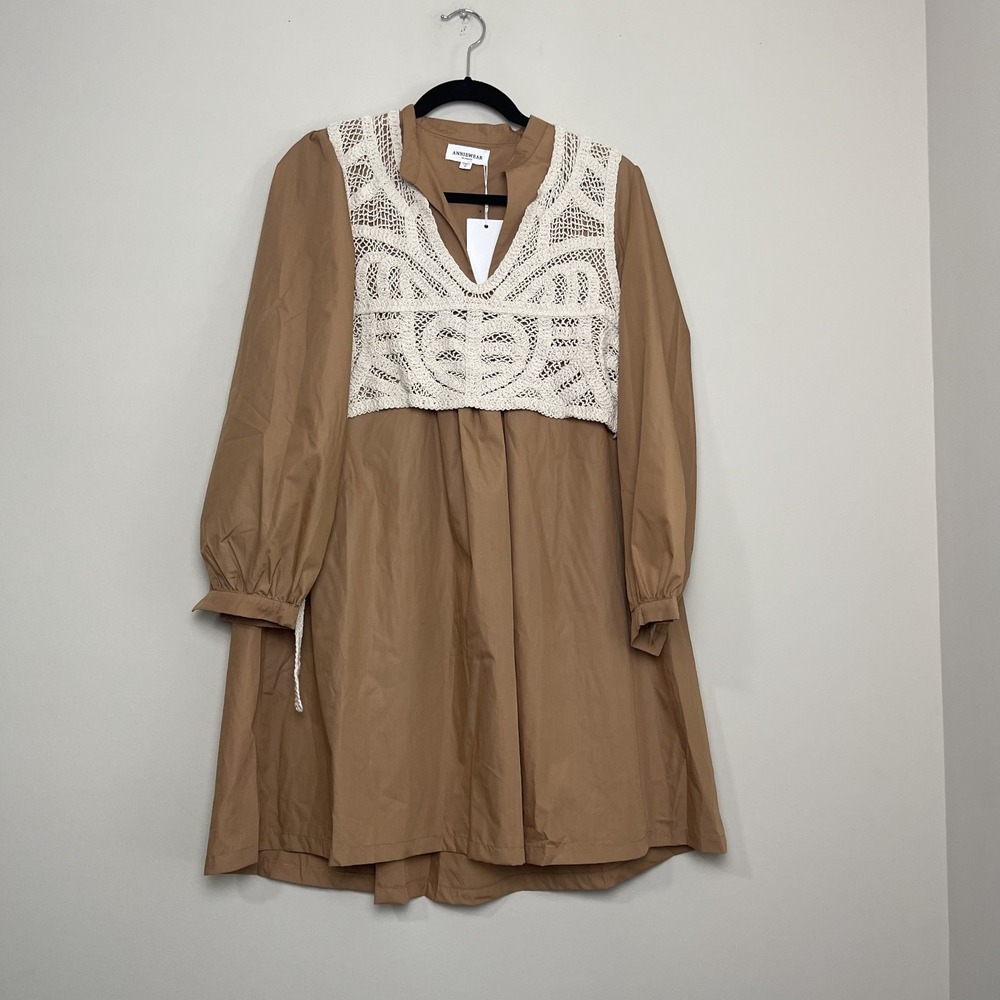 NWT Annie Wear Crochet Sweater Boho Cottagecore Layered Mini Shirt Dress Sz S